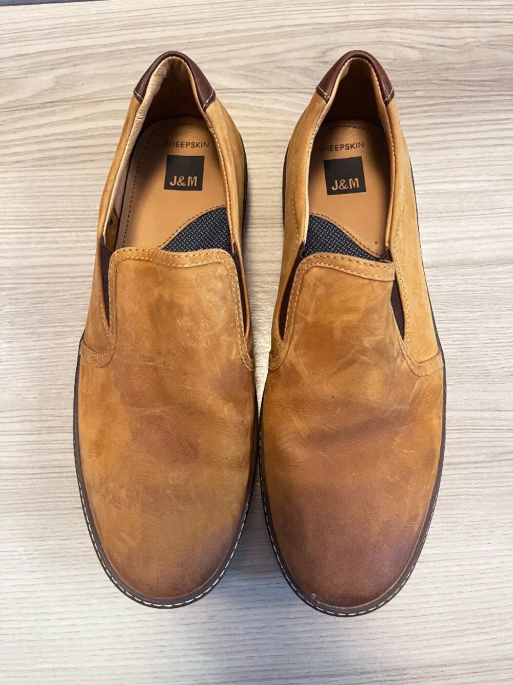 Johnston & Murphy Men's Tan Nubuck Leather Slip-On Shoes Sheepskin Size 11.5M